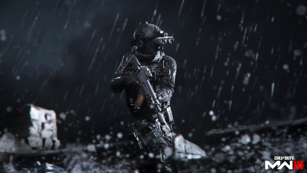 Modern warfare 3 soldier in the rain holding a gun and wearing night vision goggles 