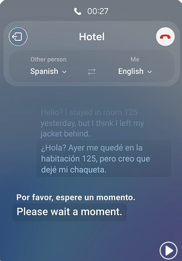 Samsung AI live translate translating a phone call from Spanish to English