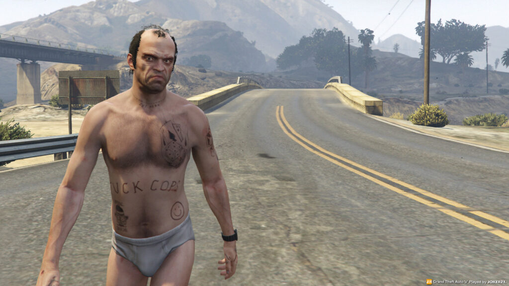 Trevor Philips walking near the middle of the road wearing white underwear only 